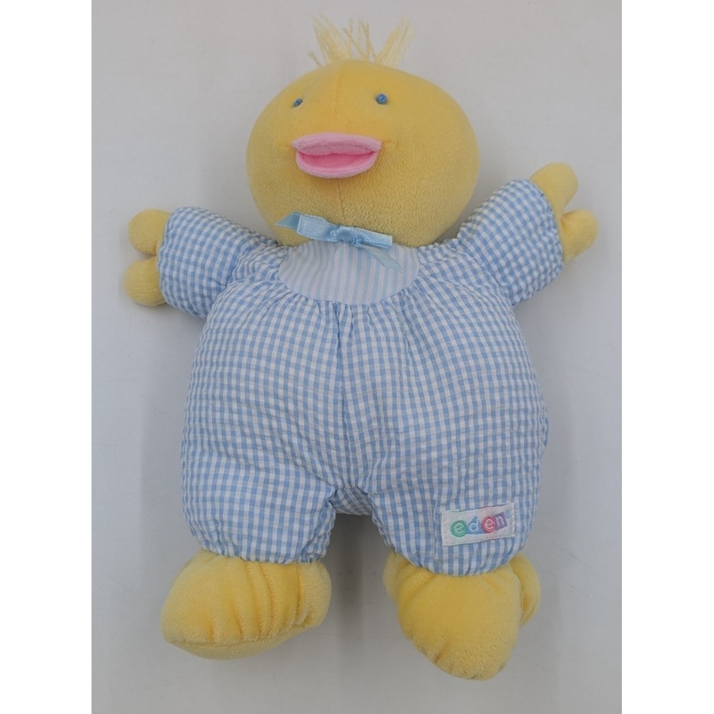 Vintage Eden Baby Duck Rattle 9.5" Blue Seersucker Gingham Stuffed Toy Plush